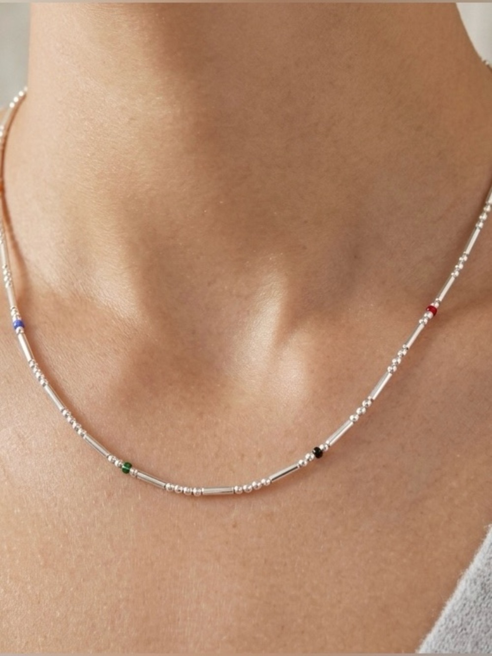 Sterling Silver Beaded Station Necklace with Multicolor Accents